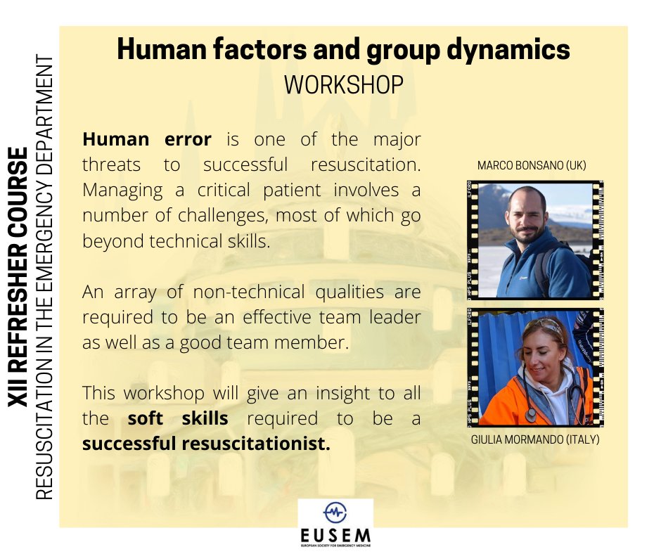 The program of the 12th Refresher Course: Resuscitation in the Emergency Department is full of workshops. "Human factors and group dynamics" is one of them. Check the brochure for all the details. Registration will open end of July eusem.org/education/cour… <a href="/Co_SMEU/">COSMEU</a> <a href="/MarcoBonsano/">Marco Bonsano</a>