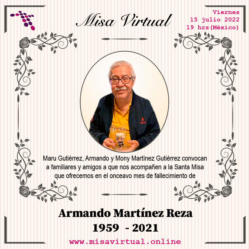 cruzmoramx's tweet photo. #MisaVirtual - Armando Martínez Reza

Maru Gutiérrez, Armando y Mony Martínez Gutiérrez convocan a familiares y amigos a que nos acompañen a la Santa Misa que ofrecemos en el onceavo mes de fallecimiento de Armando Martínez Reza

Se transmite por Zoom

https://t.co/RbsW0eNzQ8 https://t.co/XOxsLx61JW