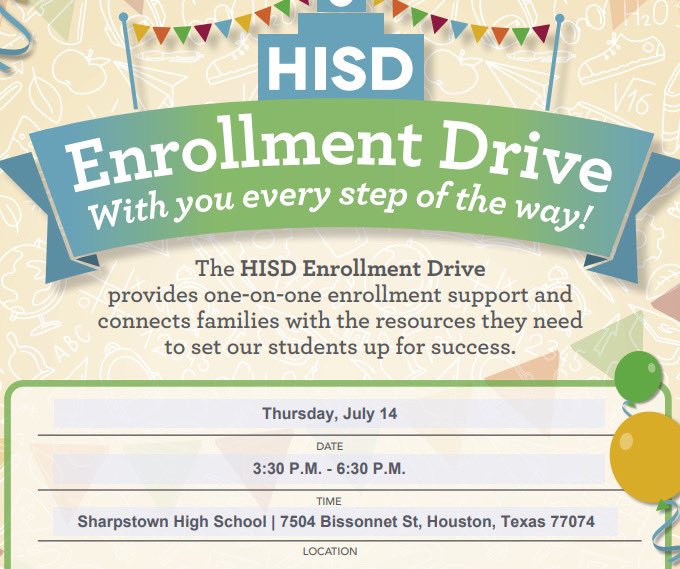 📣: <a href="/iamsharpstown/">Sharpstown Apollos</a> will host an Enrollment event Thursday July 14th, starting at 3:30pm, connecting families with the resources they need to set our students for success. Come on by!
@HISDChoice <a href="/HoustonISD/">Houston ISD</a> @HISDEnroll