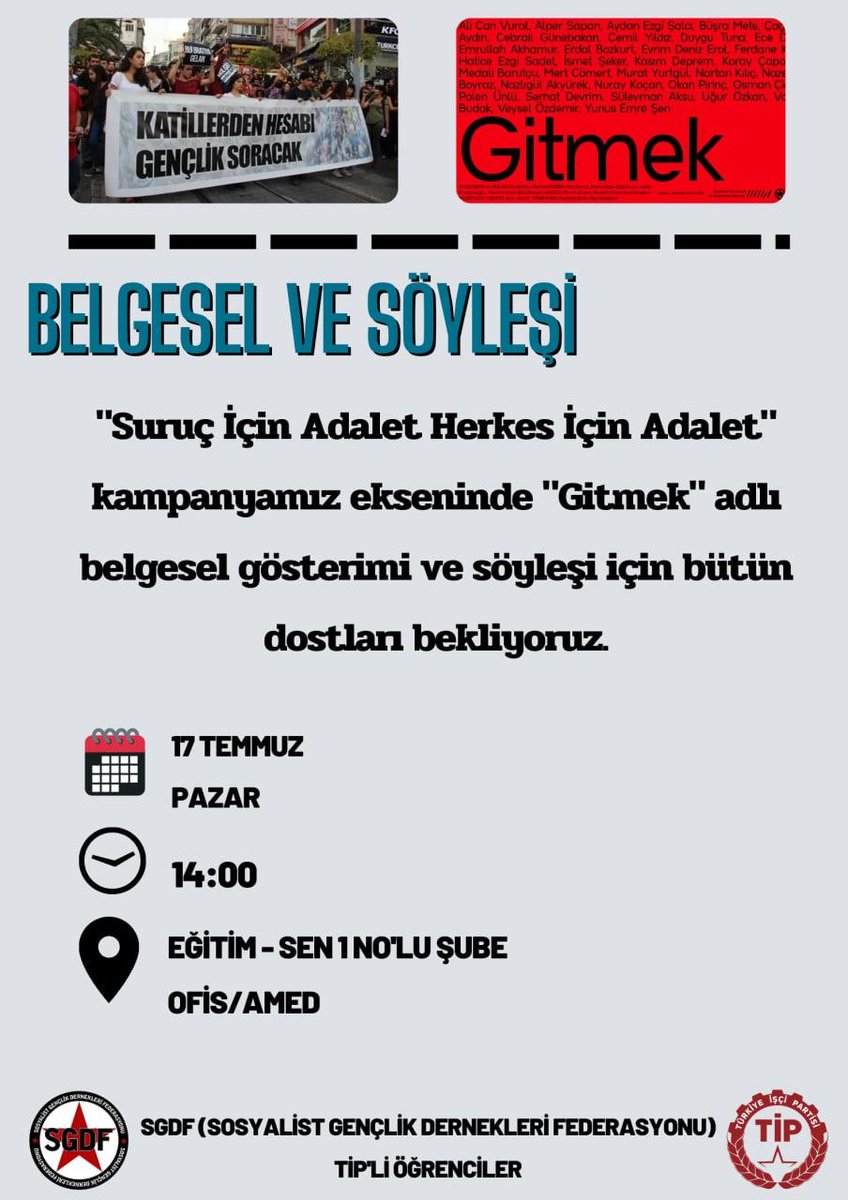 Sosyalist Gençlik neden Kobanê'ye GİTMEK istedi? 
"Beraber savunduk beraber inşa edeceğiz" ne anlama geliyordu? Katliam neyi hedefliyordu? 
Belgesel gösteriminden sonra Pirsûs katliamının önünü ardını konuşuyoruz. Bekleriz...