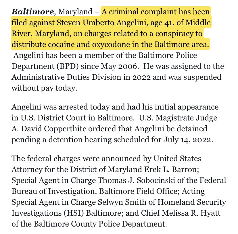 davenewworld_2's tweet photo. A right-wing cop in Baltimore was arrested on gun and drug charges after conspiring to distribute cocaine and painkillers. Steven Angelini also used his credentials as a police officer to give a motorcycle gang sensitive information and guns for drugs. https://t.co/XCqYlir6Bk