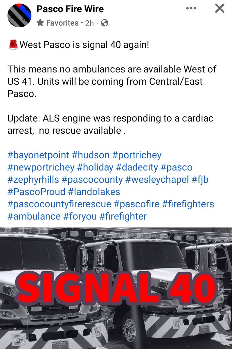 RebeccaYuengli2's tweet image. My county is so poorly managed we frequently have no ambulance service for half the county.  
Anyone considering moving here could mean death if there is an emergency.  
Our commissioners are focused on new development.  
People ARE dying. 
#pascofl