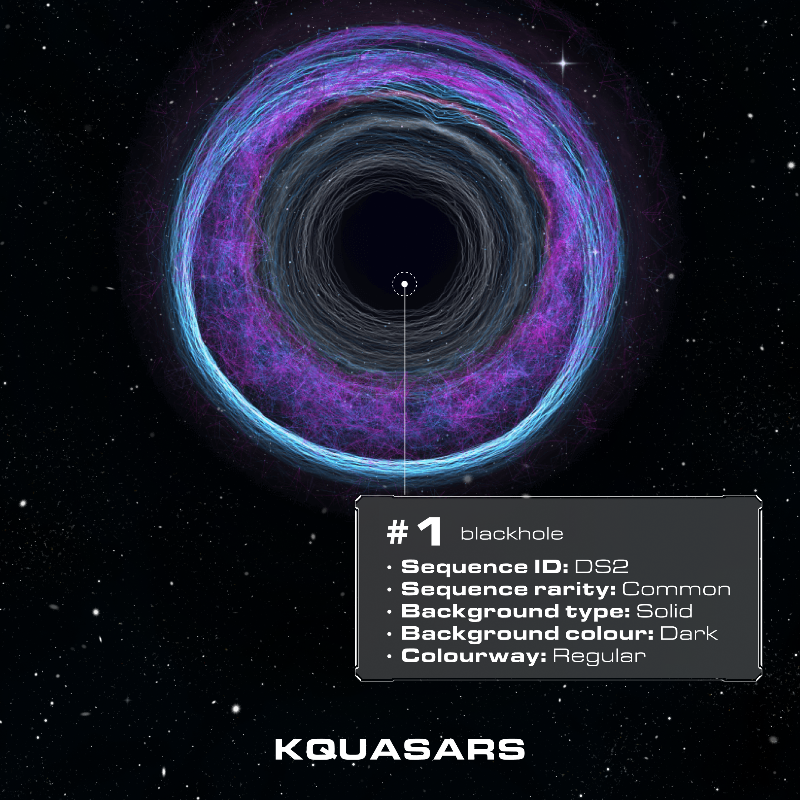 kquasars's tweet photo. In order to capture the uniqueness of black holes and quasars, @KayQuattrocchi
 has joined forces with @SanderSturing
, who’s skills in generative art have made it possible to make a black hole generator.