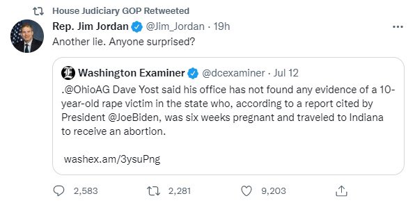 KFILE's tweet image. Deleted tweet from Jim Jordan.