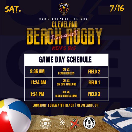 clerugbyleague's tweet photo. Cleveland Beach 5s🏝🏉 | CRL Game Day Schedule
Saturday, July 16th⚡️Come support the CRL!
#Beach5s #CRL #Saturday #EdgewaterBeach https://t.co/m4ixITdN8M