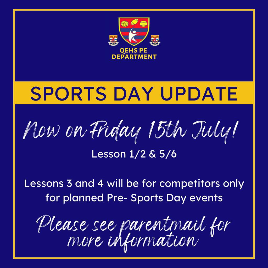 Important update‼️
Sports day will now take place on Friday 15th July….all students can come to school in PE kit <a href="/QEHSScott/">Scott House</a> <a href="/QEHSChurchill/">QEHSChurchill</a> <a href="/QEHSBrunel_/">Brunel House</a> <a href="/QEHSDarwin/">QEHSDarwin</a> <a href="/qehs_elgar/">QEHS Elgar</a> <a href="/QEHSAusten/">QEHSAusten</a> <a href="/QueenElizHigh/">Queen Elizabeth's High School</a>
