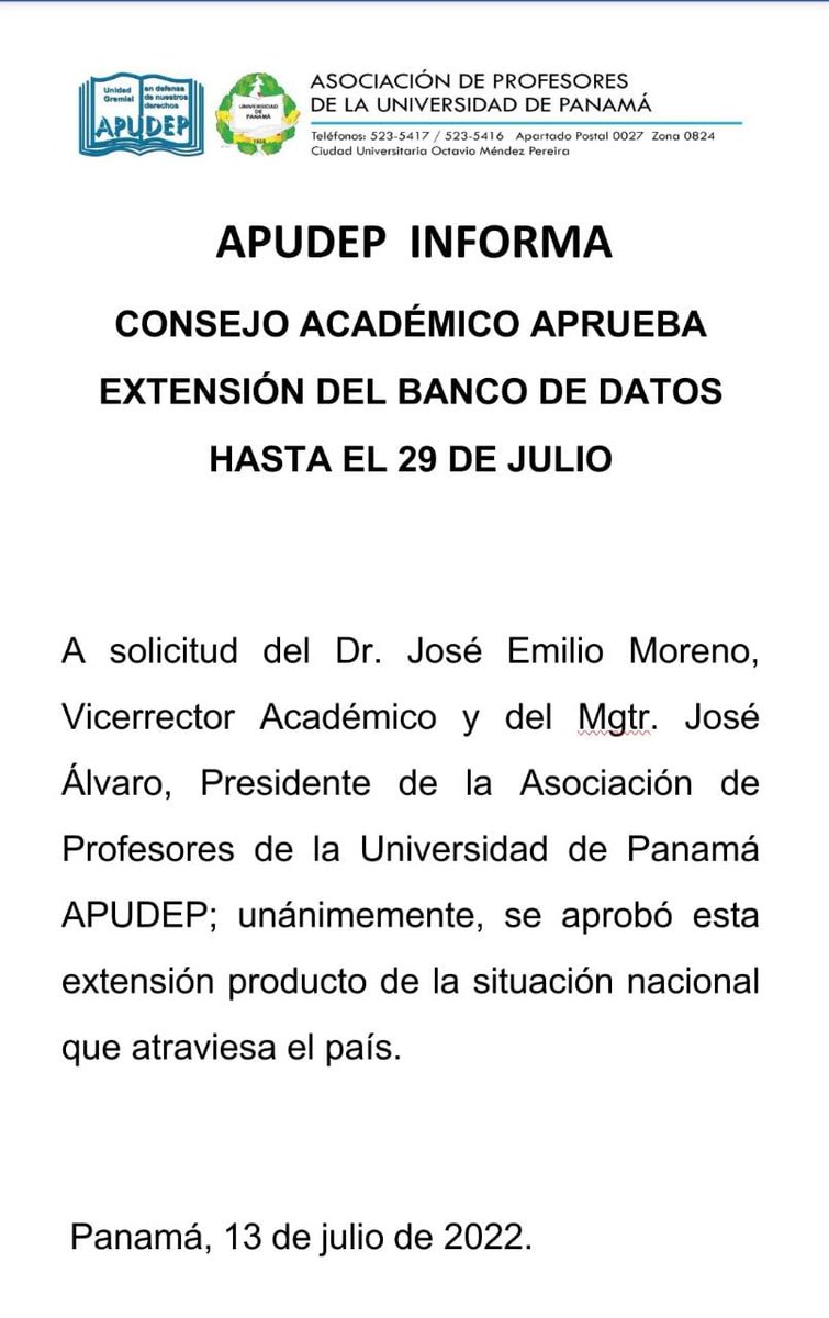 Vicerrectoría Académica- Universidad de Panamá (@vicerrectoriap) on Twitter photo 📌Atención!
El Consejo Académico en su Reunión N°7-22 aprobó la Prórroga para la entrega de los documentos de Banco de Datos.
<a href="/eflorescastro/">Eduardo Flores C.</a> <a href="/F_EconomiaUP/">Facultad de Economía</a> <a href="/Fac_PsicUP/">Facultad de Psicología</a> <a href="/FacultadVetPma/">Facultad de Medicina Veterinaria</a> <a href="/Fa_publica/">Facultad de Admón. Pública</a> 📌Atención!
El Consejo Académico en su Reunión N°7-22 aprobó la Prórroga para la entrega de los documentos de Banco de Datos.
<a href="/eflorescastro/">Eduardo Flores C.</a> <a href="/F_EconomiaUP/">Facultad de Economía</a> <a href="/Fac_PsicUP/">Facultad de Psicología</a> <a href="/FacultadVetPma/">Facultad de Medicina Veterinaria</a> <a href="/Fa_publica/">Facultad de Admón. Pública</a>