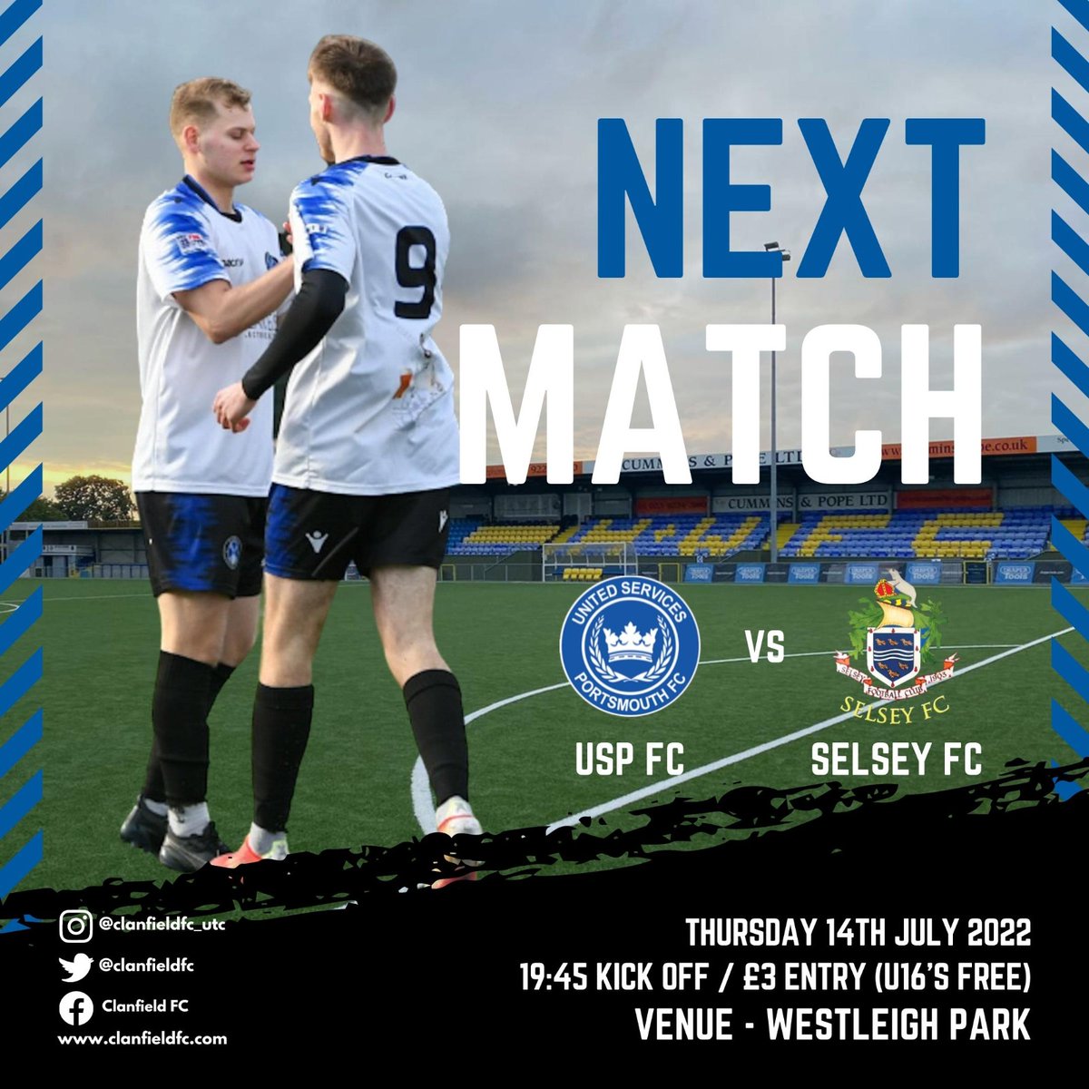 clanfieldfc's tweet photo. 2nd semi final of the Clanfield Cup tomorrow night, welcoming @usportsmouthfc and @SelseyFootballC to West Leigh Park. 7.45pm ko
#groundhopper #Clanfield #selsey
#uspfc #grassrootsfootball #pompey https://t.co/kLJjk8YZcn