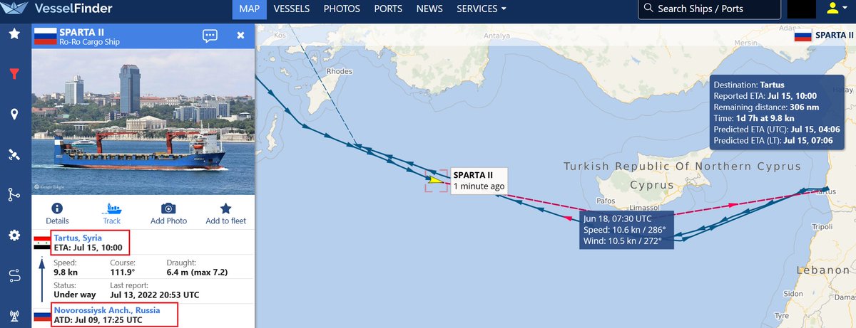Istihbarat1800L's tweet photo. SPARTA II-Cargo Ship, IMO 9160994.
#IMO9160994 / #MMSI273394890
Departed from #Novorossiysk Anch., Russia, headed to Tartus, Syria.
GT: 7260/ DW: 8194.
ISM Mngr: SC-SOUTH LLC.
Listed in the sanctions list as of May 2022.
#OSINT #maritime #SPARTAII #IMO9160994 #SCSOUTHLLC https://t.co/vhQuXZQeDD