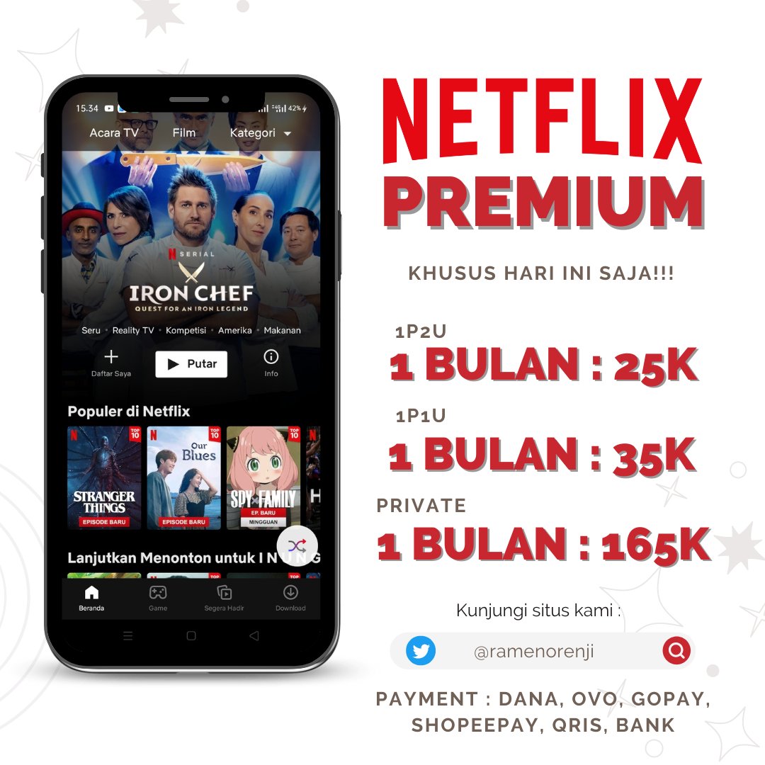 Halo!! Cari apps premium? Netflix? yg murah? Aman terpercaya? disini tersedia apa yg kamu butuhkan✨
If u interested please dm!! 

payment? -> DANA, OVO, SHOPEEPAY, GOPAY, QRIS BANK 
testi? ada++++