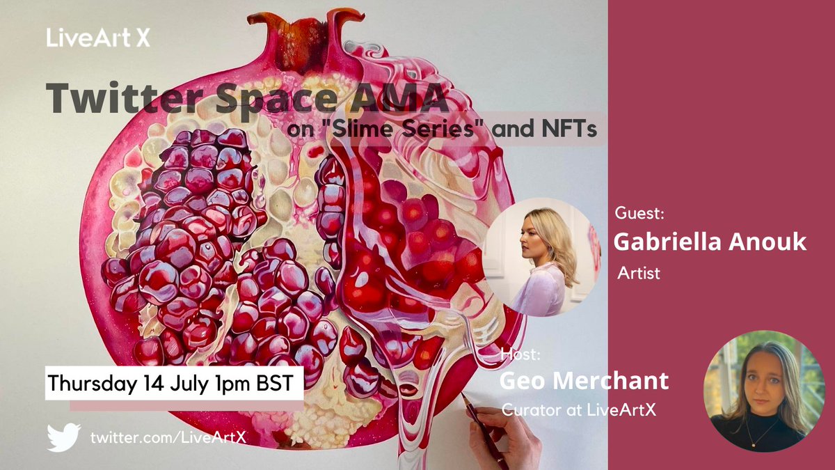 LiveArtX's tweet photo. 🤩Stay tuned for the upcoming @LiveArtX  Twitter Space with #LiveArtXGlobal100 #HackARThon attending artist @GabriellaAnouk

🕐Thursday 14th July at 1pm BST

👏Listen and receive an OAT https://t.co/2AkMFu1Ga8

🙋‍♀️Artist registration open till 26th: https://t.co/obAO591dWH https://t.co/csBXbn4Mk4