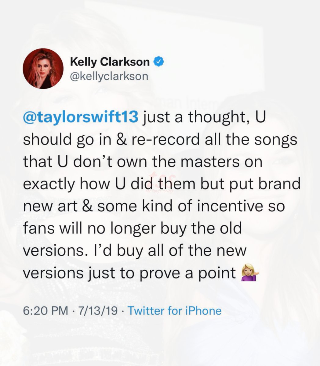 Throw🔙| 3 years ago, @KellyClarkson suggested that @TaylorSwift13 re-record her stolen music.