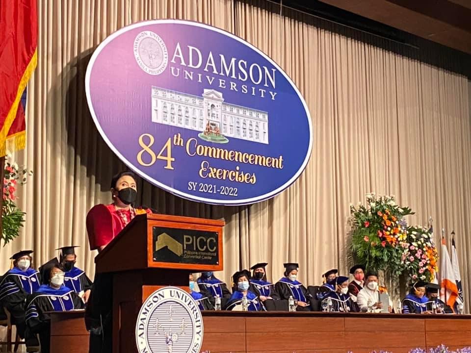 adamson_u's tweet photo. Atty. Leni Robredo, the 14th Vice President of the Philippines and Chairperson of the Angat Buhay NGO, is the Guest Speaker for the morning session of the University's 84th Commencement Exercises at the PICC. https://t.co/zrevOQ0V04