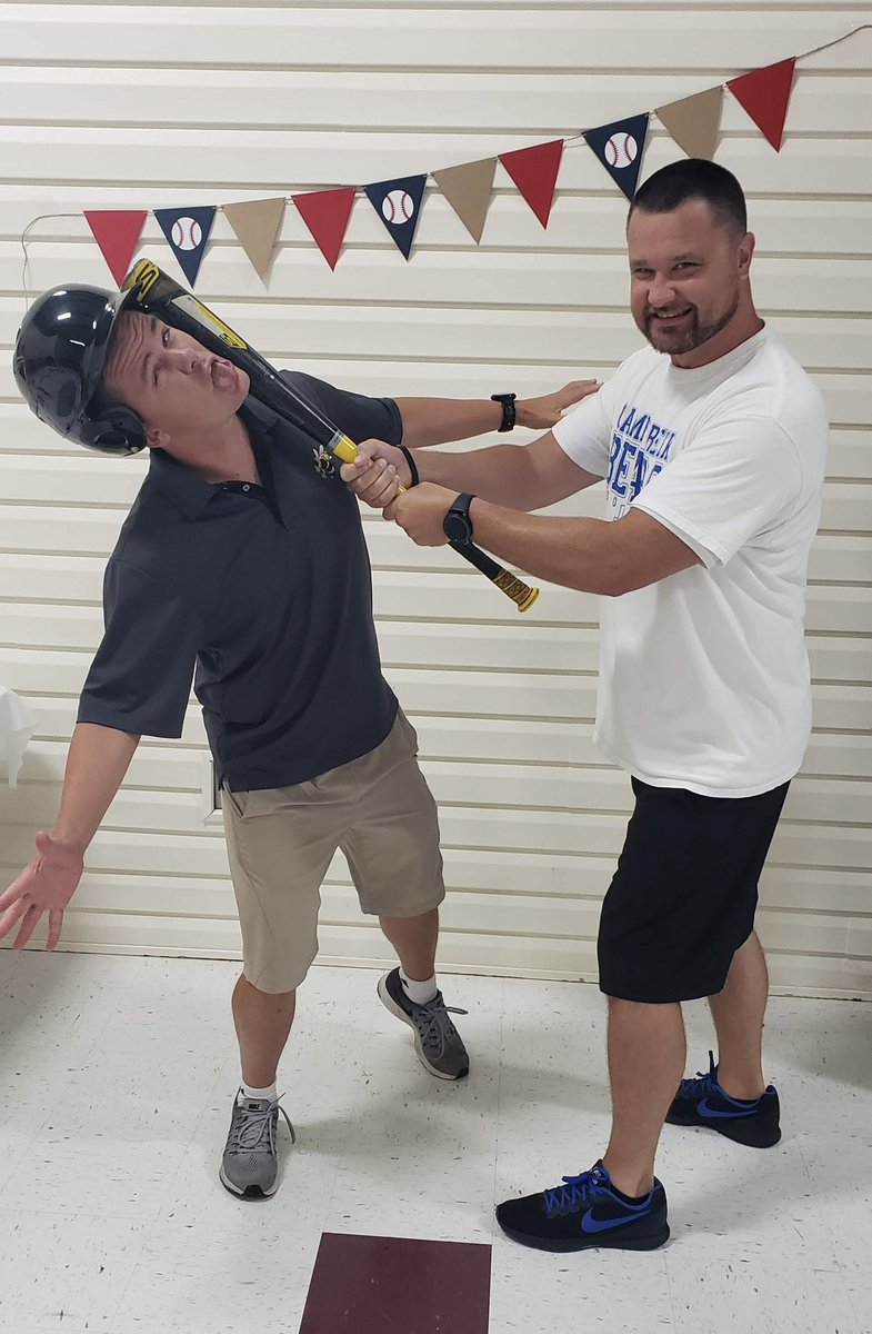 DeskPrincipal's tweet photo. Found this jewel today of @jchrissharp and I. This is from the 2019 Game Changers Leadership Retreat.  Despite the silly pic, we actually did a lot of prep work for the upcoming school year. https://t.co/1wkfvjPAF7