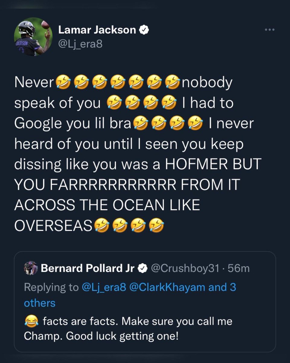 BleacherReport's tweet photo. Former Ravens safety Bernard Pollard chirped at Lamar Jackson on TW 🍿 @brgridiron  

LJ didn't hold back 💀

(via @Lj_era8) https://t.co/RlR5lEm91n