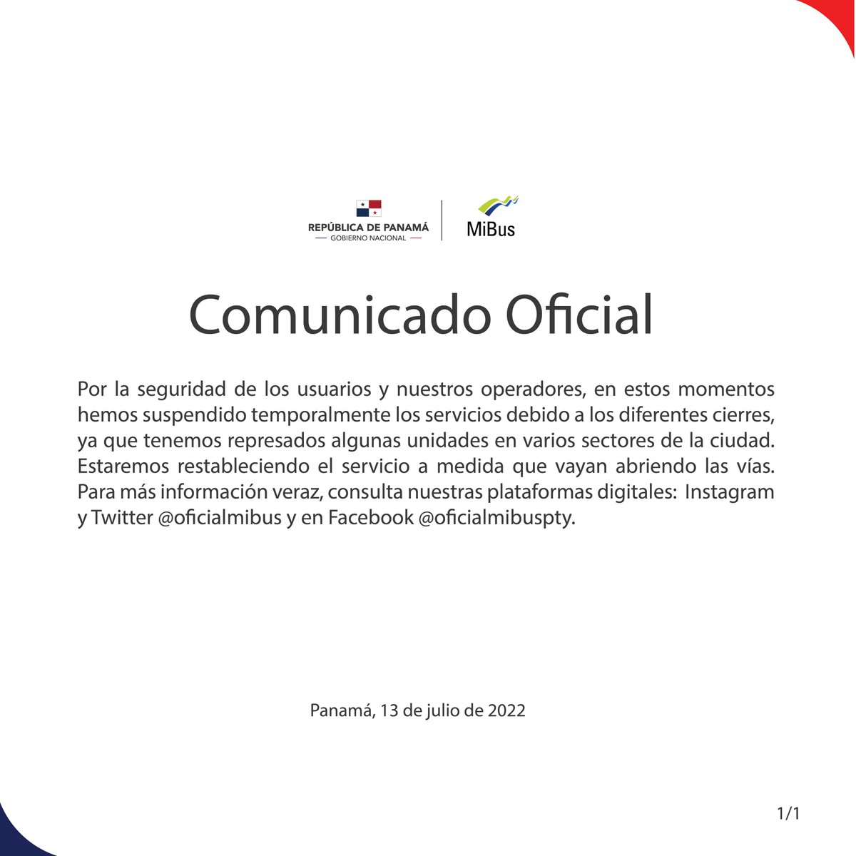 OficialMiBus's tweet photo. Comunicado oficial - 13 de julio de 2022. https://t.co/tHq6fsyY3b