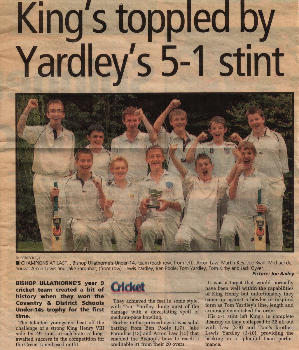 AaronLaw92's tweet photo. 15 years ago was the best result in Coventry schools cricket that there had ever been. @tomyards stealing the headline. We had no facilities, 1 training session and a few lads in England football shirts. But we won. https://t.co/gI4Dyvf6VW