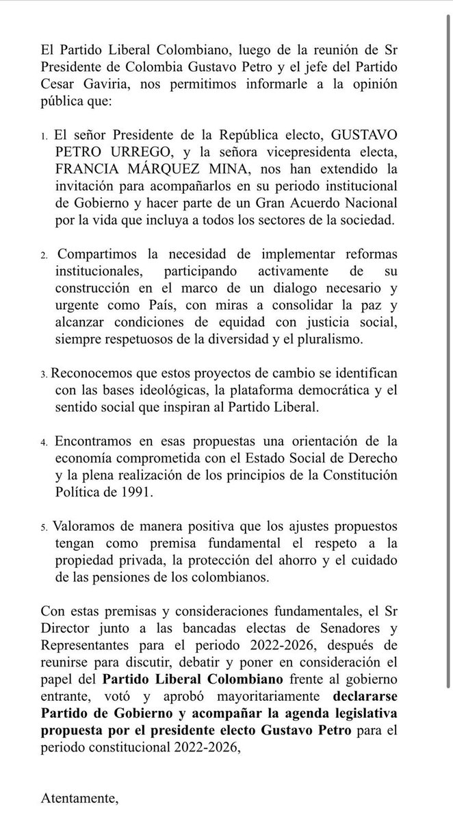 Como bancada liberal nos hemos declarado partido de Gobierno y acompañaremos al presidente <a href="/petrogustavo/">Gustavo Petro</a> y a la vicepresidenta <a href="/FranciaMarquezM/">Francia Márquez Mina</a> en su agenda legislativa. #CambioPorLaVida
