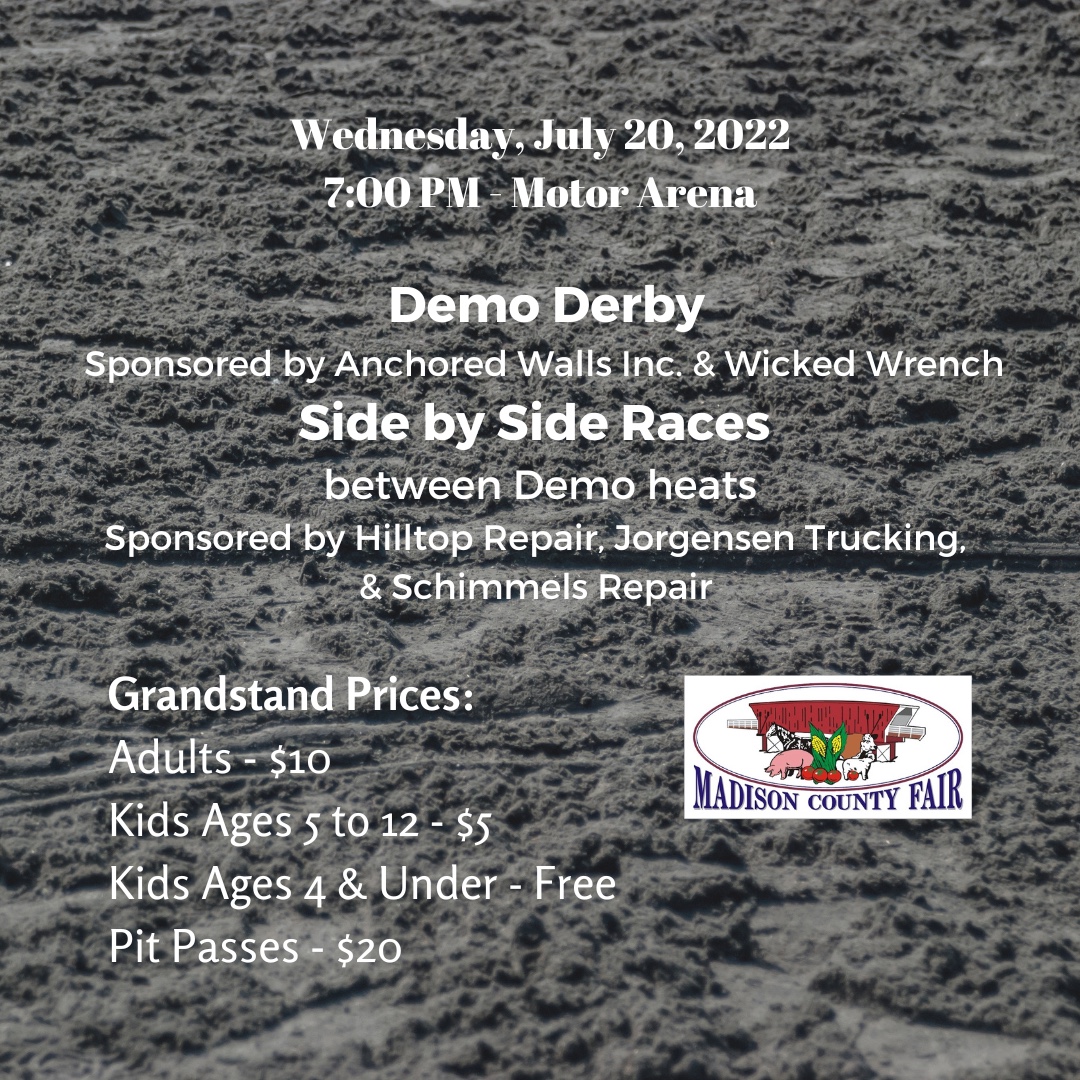 MadCtyIAFair's tweet photo. ONE WEEK until the first night of GRANDSTAND EVENTS! 
First night - DEMO DERBY IS BACK!!! 
Side by Side Races will be between heats.
See you at the Fair!🤩🏁🚘🎡🎟🍿🐮🐥🐰🐷
#mcf2022 #demoderby #sidebysideraces #grandstandevents #fairfood #carnival https://t.co/A7aSKhNpaL