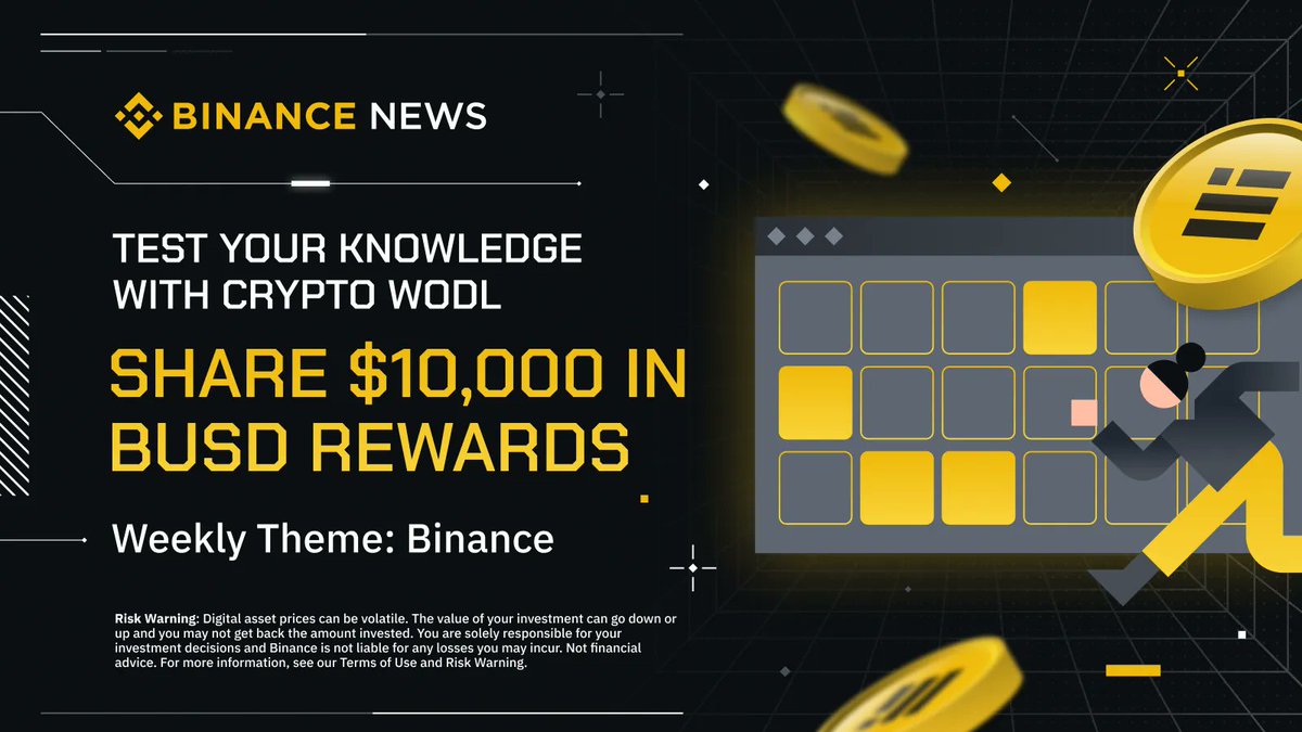 binance's tweet photo. Good at puzzles?
 
Put your crypto knowledge to the test by playing ‘Crypto WODL’ on #Binance. There’s also 10,000 #BUSD to be won as a bonus!
 
Play now ➡️ https://t.co/rMl02Awl1g https://t.co/hPhFgVd7Bt
