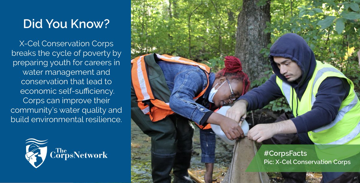 TheCorpsNetwork's tweet photo. #CorpsFact Key components of the @XCelEdu Conservation Corps include workforce readiness development, paid conservation projects, classes to prepare for wastewater operator license, & paid internships in the water management field. π°π€ #ConservationCorps #GreenJobs https://t.co/2UVfsNgLdR