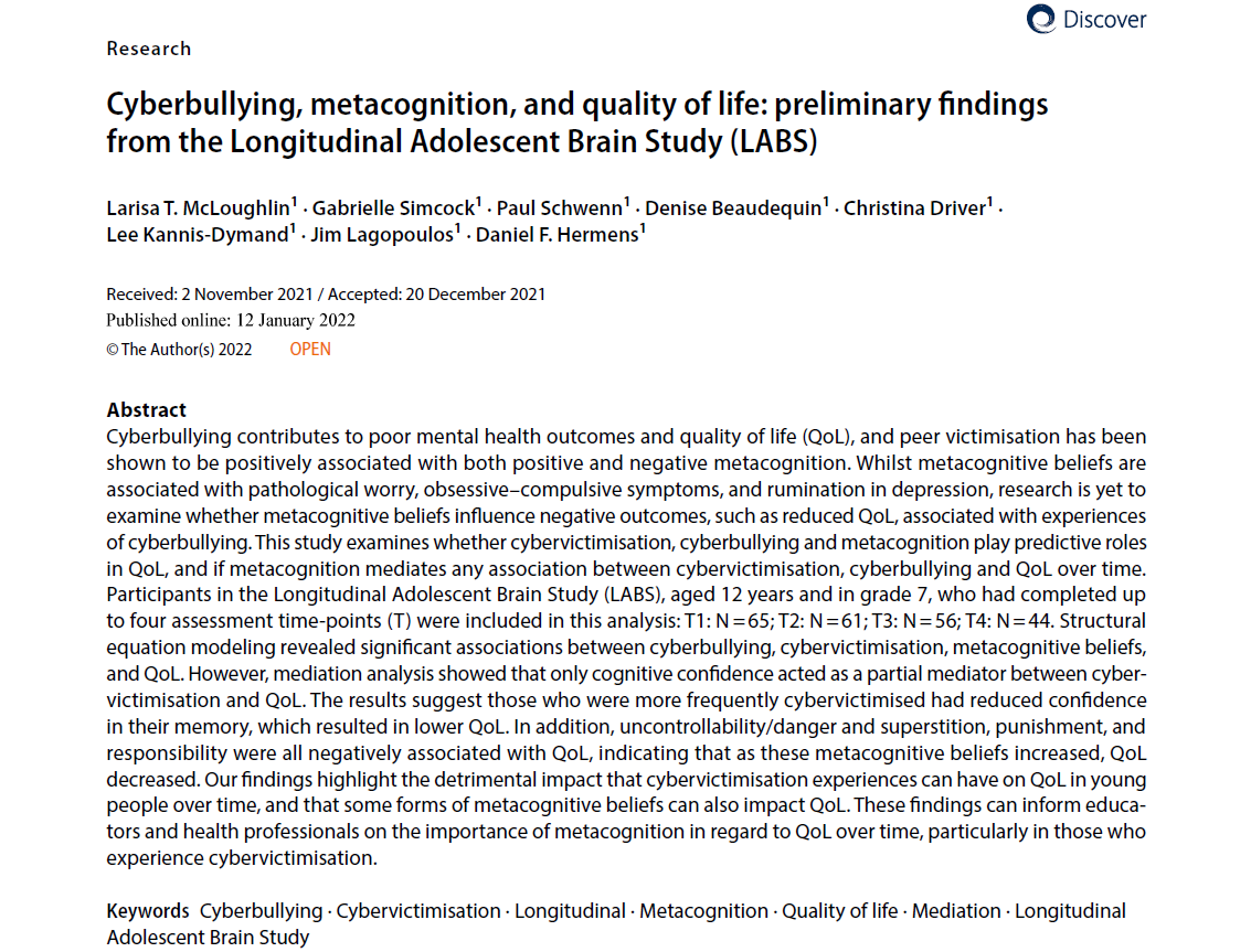 USCResearchBank's tweet photo. 🚨Publication Alert🚨
Congratulations to @DanHermens @DrLarisaTM @JimLagopoulos @Kannisdymand et al. on your recent #OA article in @Discover_Jrnls - Discover Psychology
#cyberbullying #LABStudy
FULL FINDINGS: https://t.co/pvlOPSX3UI https://t.co/aTnqfaKZge