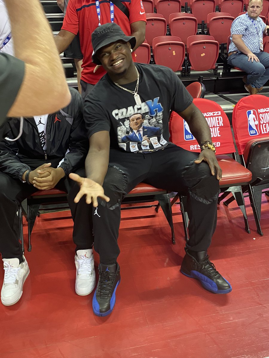 BlueDevils's tweet photo. Zion Williamson is at the NBA Summer League wearing a Coach K shirt! https://t.co/Dji42L1Ehl