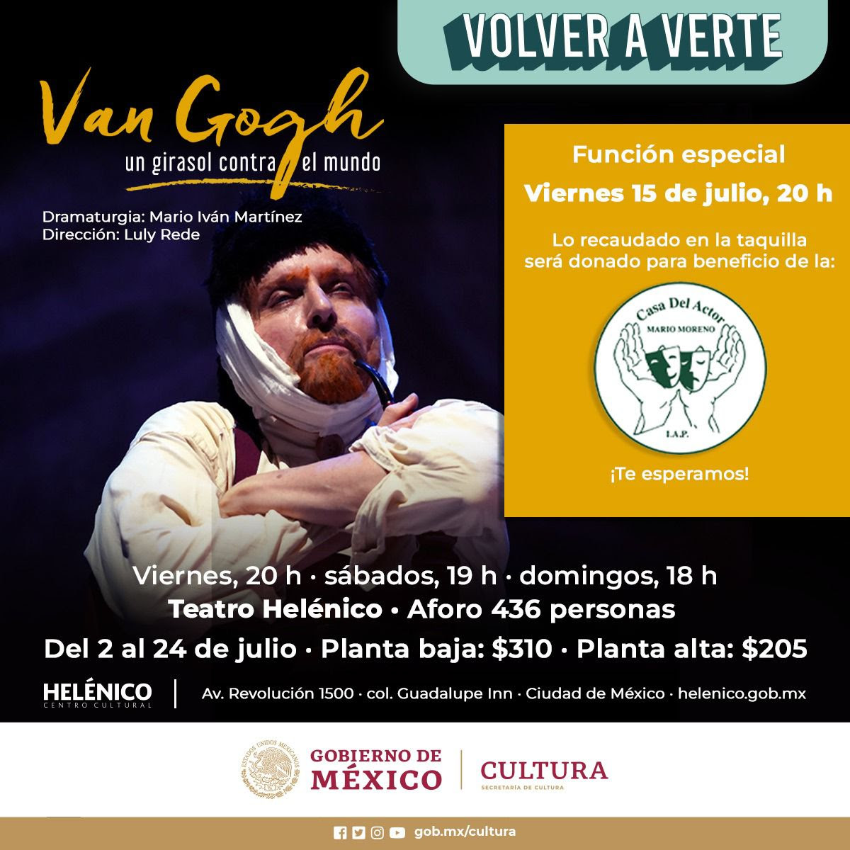 SandymoonMX's tweet photo. #MarioIvánMartínez dedicará una función especial a beneficio de la #CasaDelActor del unipersonal: #VanGogh un girasol contra el mundo. Se convoca al público a unirse a esta noble causa el próximo viernes 15 de julio a las 20:00 horas en el @Helénico #rt #apoyemos #sandymoon https://t.co/qWJXpun0GT