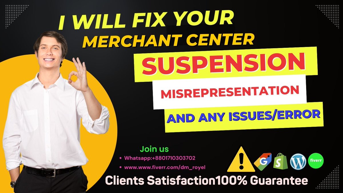 freelancerroyel's tweet photo. 👉Are you looking for google merchant center suspension issue fix expert?⭐Don't Worries! you are in the right place.
➡️Hire Me: https://t.co/1Hm0GLWxF5
➡️My Whatsapp Number: +8801710303702
#Davide #fixgooglemerchantcenter https://t.co/VQbW5B1r2e