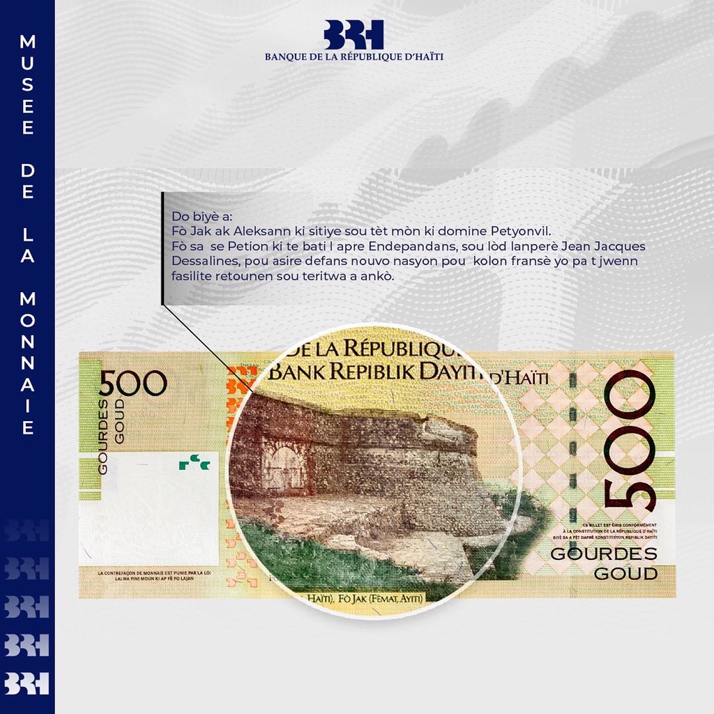 BRHHaiti's tweet photo. #billetdebanquehaitien 

Nap envite w dekouvri karakteristik ak eleman sekirite biyè 500 Goud la.

#seri2004  #idantitenasyonal #istwaAyiti #Alexandrepetion #Ewonasyonal #muséenumismamatiquehaiti #patrimwàn #Petyonvil #Ayiti https://t.co/D2HvPm1zqs