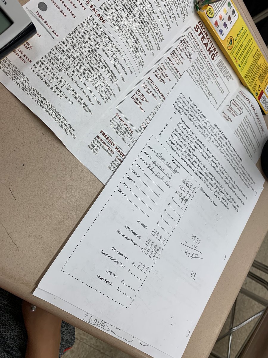 j_eisenberg87's tweet image. Let’s go Outback tonight!!!  #megamath students use @Outback menus to perform operations with decimals @CatonsvilleMS @BCPSMATH #realworldapplication