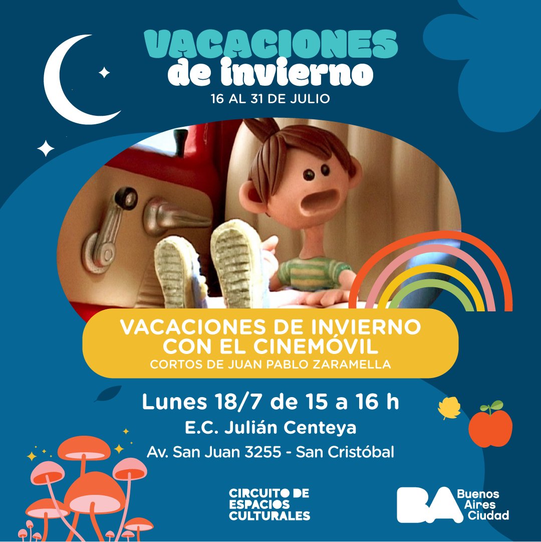 Lunes 18/7 - 15hs. #Cine "Vacaciones de invierno con el Cinemóvil", cortos de Juan Pablo Zaramella +Info: bit.ly/3PnJt67
#Gratis #VacacionesDeInvierno