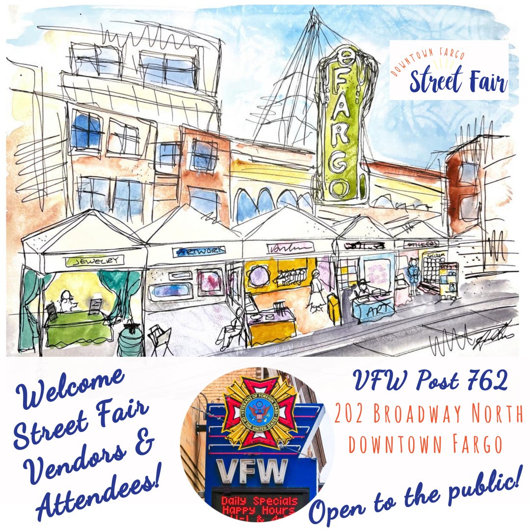 762VFW's tweet photo. Coming to the Street Fair? All are welcome at the club! Keep an eye on our page for daily food &amp; drink specials!

#downtownfargond #downtownfargostreetfair #vfw762 #thingstodoinfargo #fargostreetfair https://t.co/YnifA778Di