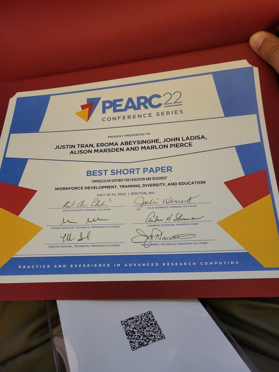 simvascular's tweet photo. Congratulations to Tran et al for winning the best short paper with their work on the "SimVascular Gateway for Education and Research" Another terrific example of #OpenSource science https://t.co/Yw6nETmLqD https://t.co/pwk0FLqDe1