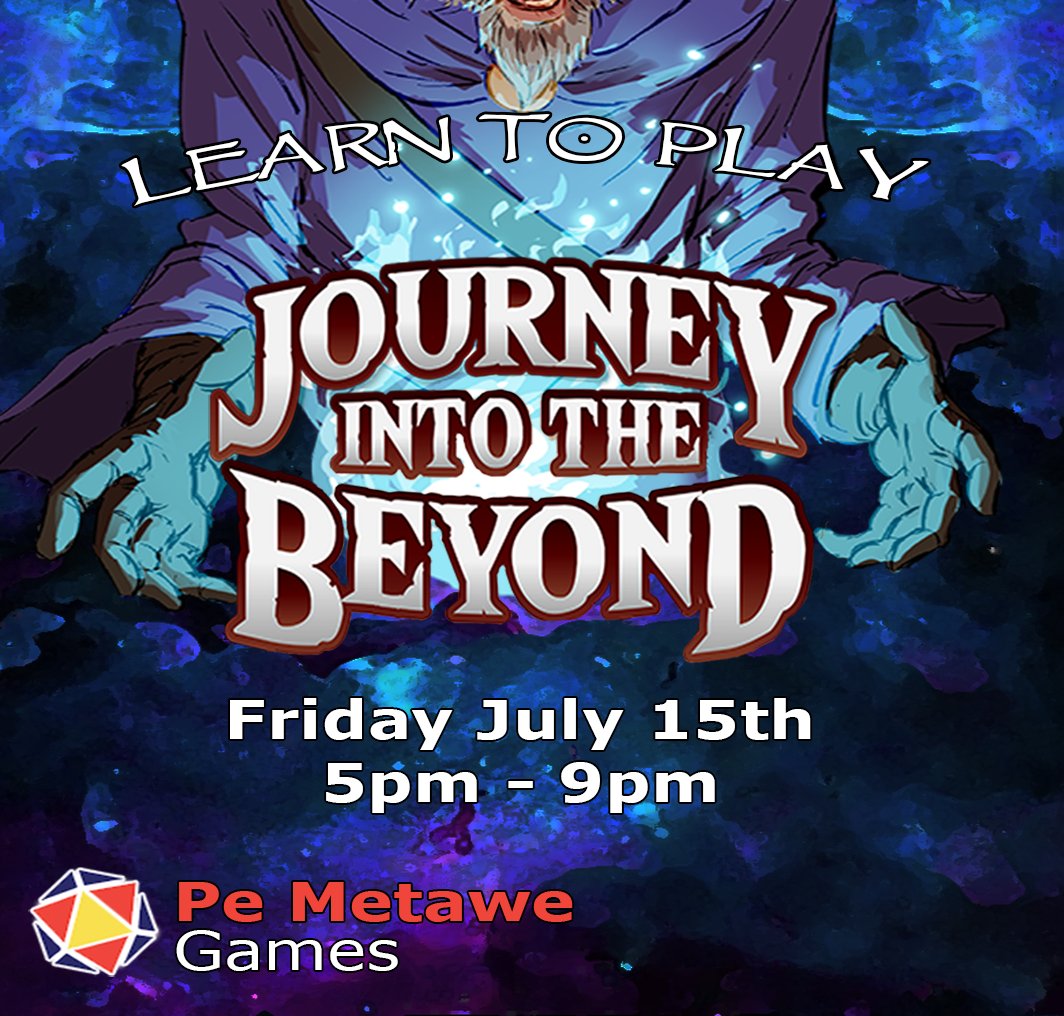 Two days to go! Come and learn to play a new asymmetrical competitive tableau building adventure game, Journey into the Beyond <a href="/JourneyBey0nd/">JourneyIntoTheBeyond</a> this Friday July 15th from 5-9pm! Free to play, recommended 12+.