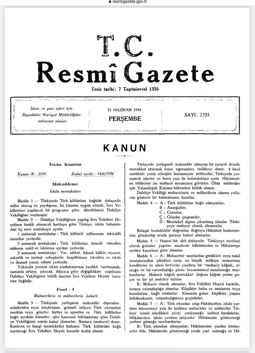 Sosyalist4545's tweet photo. Atatürk'ün mülteci politikası!
Türk soylu olmayanlar istediği yere yerleşemez.
Ana Dili Türkçe olmayanlar müstakil mahalle kuramaz.
İşçi ve sanatçı kümesi oluşturamaz.
Ecnebilerin bir belediyedeki nüfusu %10 u geçemez
Resmi Gazete- 21 Haziran 1934 https://t.co/lw7mLoRyGC