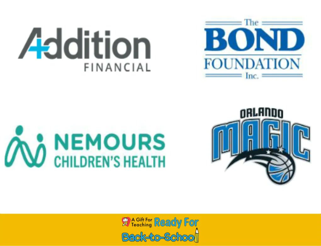 agift4teaching's tweet photo. We are so grateful for our #ReadyForBacktoSchool Confidence Builder sponsors @theadditionfi, The Bond Foundation, @Nemours, and @OrlandoMagic. Thanks to your support, students can start the year off confident and ready to learn. https://t.co/ZdChHUJrqW