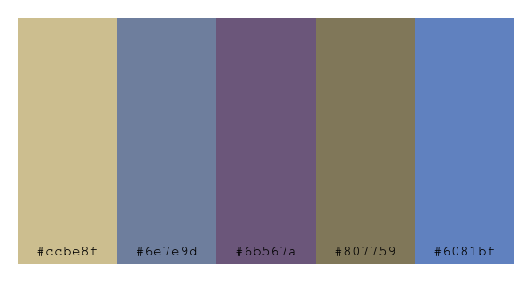 ColPaletteBot's tweet photo. Beep beep, here's a pretty color palette for you!
color-scheme.js parameters used:
- hue: 85
- variation: soft
- colors: #ccbe8f, #6e7e9d, #6b567a, #807759, #6081bf
Have a lovely evening!
#twitterbot #colorpalette #colors #palette #prettycolors https://t.co/BHIigiwPba