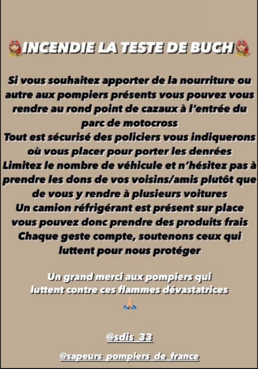 marques_fx33's tweet photo. Appel à la solidarité avec nos #pompiers 
Un grand merci aux pompiers qui luttent contre les flammes.
#gironde #incendie #solidarité 
Incendie La Teste de Buch: une grande chaîne de solidarité s’est mise en place. 
Nos pompiers ont besoin de nous.
Plus de détails 👇👇 https://t.co/gWIebGrzbt