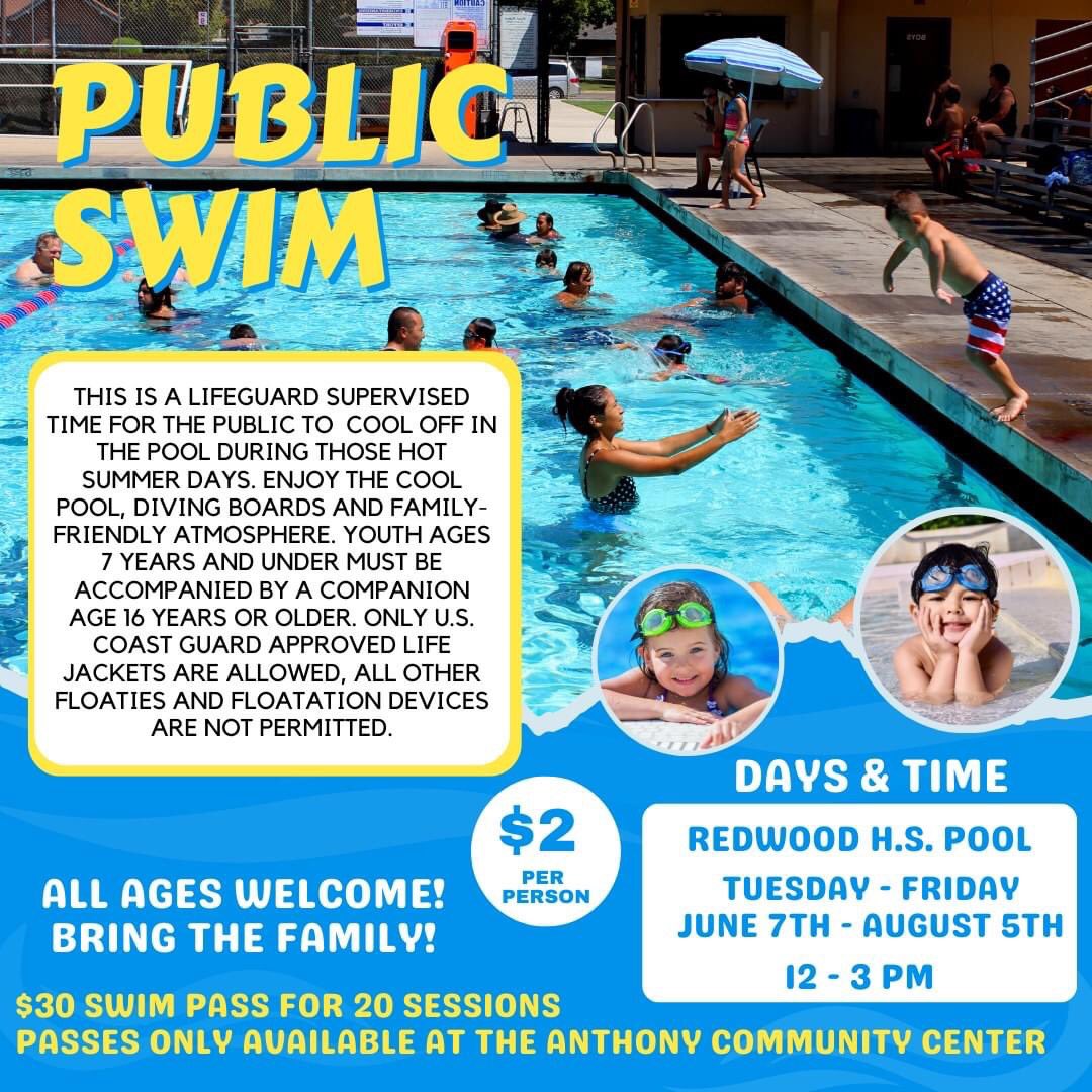 Another week of heat Visalia!! Grab your friends and family, some water and maybe a few snacks and head on down and make a splash at our public swim sessions! 

$2/Person
Tuesday - Friday 
12 - 3 pm 
Redwood High School Pool

We'll see you there!