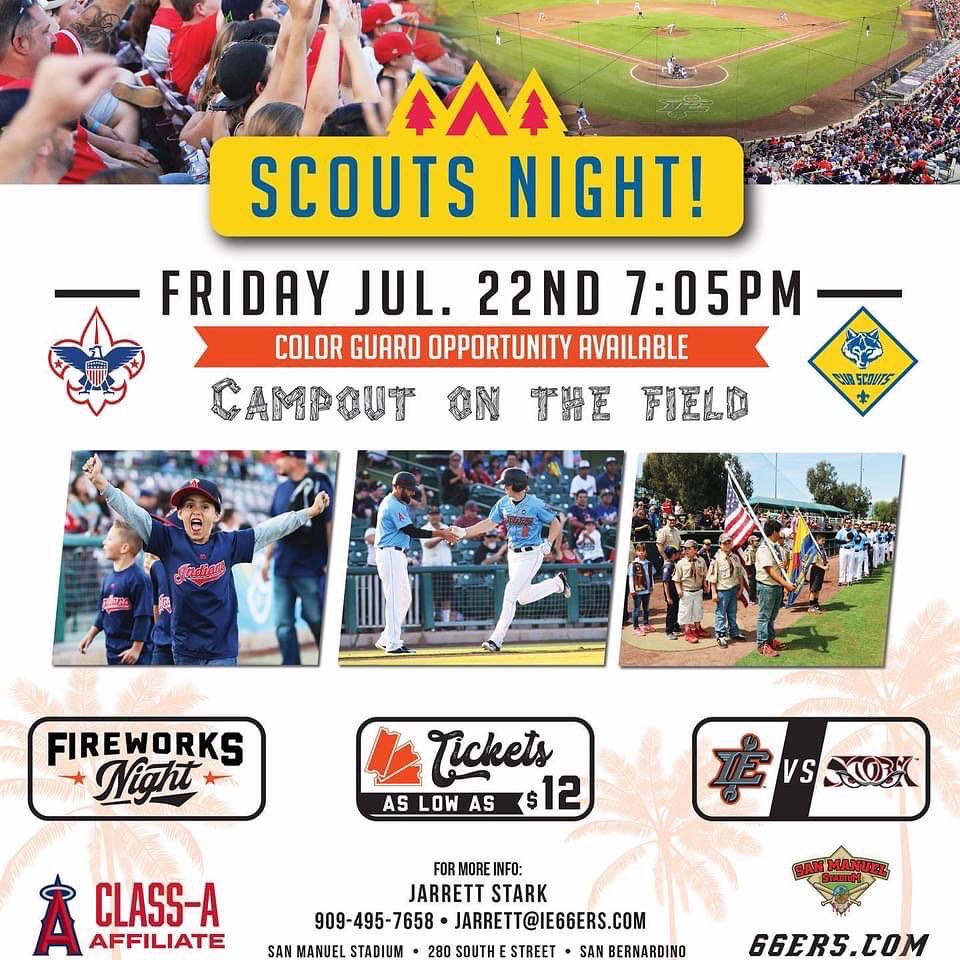 Pack1887's tweet photo. Scout Night at the @66ersBaseball stadium! See flyer for ticket info! Pre-game parade, special meal plan, fire works, and sleep out on the field! Join us! #Pack1887 #CubScouts #scoutNight #baseball #66ers #66ersbaseball #SanBernardino https://t.co/0VxMkKZVnw
