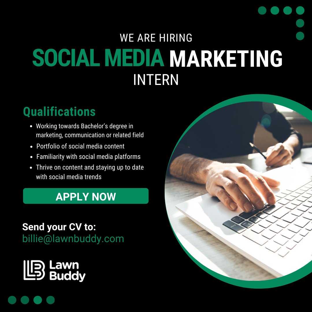 Lawn Buddy a Social Media Marketing Intern to join the Marketing Team! 

Ready to tackle a highly hands on internship? We’d love to hear from you!

👉Send your resume to: billie@lawnbuddy.com

To learn more about this position, visit the following link: linkedin.com/jobs/view/3155…