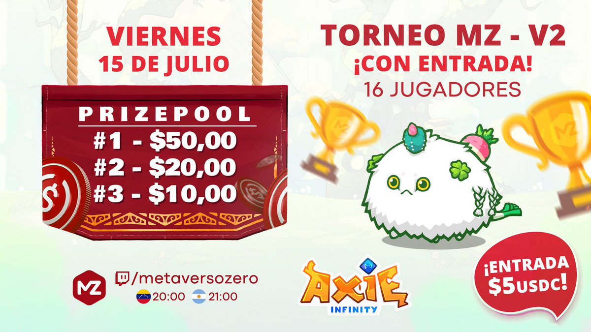 MetaverseZeroGG's tweet photo. ¡Torneo #MZ! #AXIEINFINITY V2

¿Qué esperas para inscribirte y 
demostrar que sois uno de los mejores jugadores de Axie? 🏆😉

- Pagos antes de las 6pm🇻🇪 del día 15/07/22 en: 
ronin:7a18e34b14c400415c35f038bc5dc9104bcc8c79

¡Los esperamos! https://t.co/KYkkGTTAZ2 https://t.co/VqysIpj41g