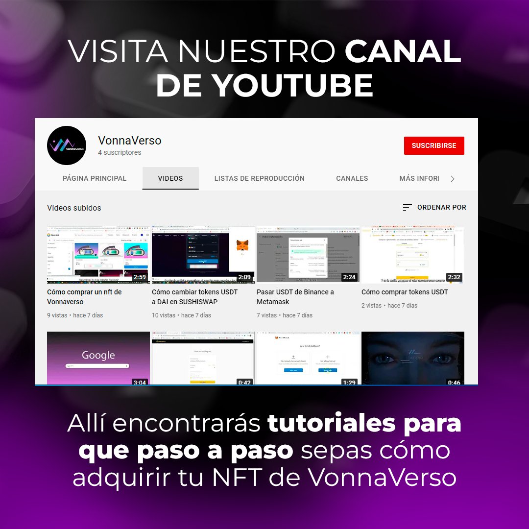 ▶ ¿Ya conoces nuestro canal de YouTube? 🤔     
Visítalo y descubre todo el contenido que tenemos para orientarte en la adquisición de tu NFT. 💫  
¡Aquí ganas siempre! 🌌💻  
👉 Visita el link que aparece en nuestra Bio.  
👉 ¡Adquiere tu NFT de VonnaVerso en OpenSea!