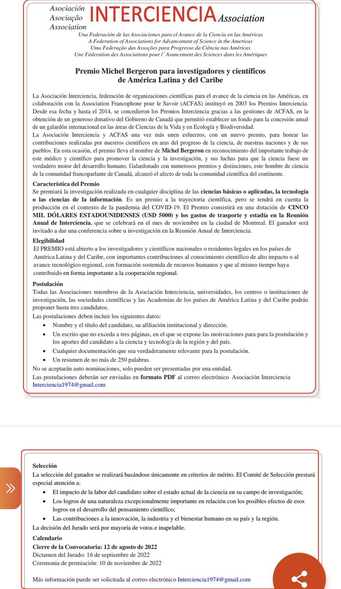 AMEXACiencia's tweet photo. Invitación a colegas de 🇲🇽 a postularse para los Premios Ronald Rieser (Física y C materiales) y Michel Bergeron (ciencias básicas o aplicadas) de la Federación de las Asociaciones para el Avance de la Ciencia en las Américas (Interciencia).
+info: interciencia1974@gmail.com https://t.co/DKnxPoNZWl