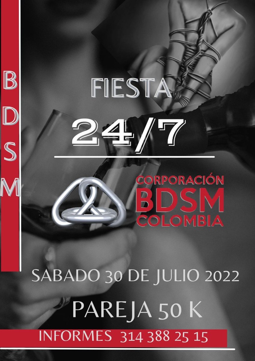 Fiesta 24/7 sabado 30 de julio 8pm 
Performances Sra Samanta Macana Punkiyaso Yeriko Rigger 
Dresscode fetish obligatorio 
inscripciones abiertas 3143882515
Aporte 50k pareja (solo parejas)
<a href="/corporacionbdsm/">⛓Corporación BDSM COL</a> @colombiabdsm <a href="/bdsmcolombia/">franshesco cipriani</a>