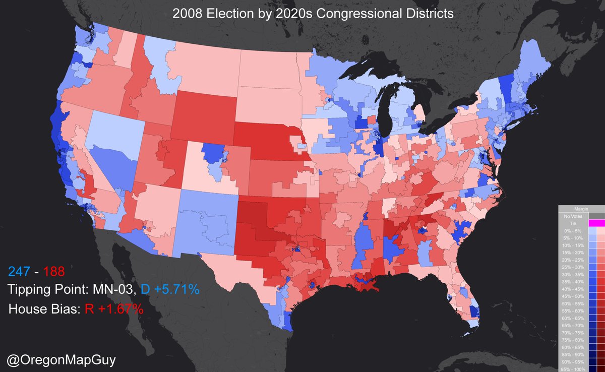 Here is a Thread 🧵 about how the 2020s Congressional districts voted over the last decade, and hopefully provide some insight for how they may vote in the future. I'll start off by showing how they voted in the 2008 Presidential election (1/6)