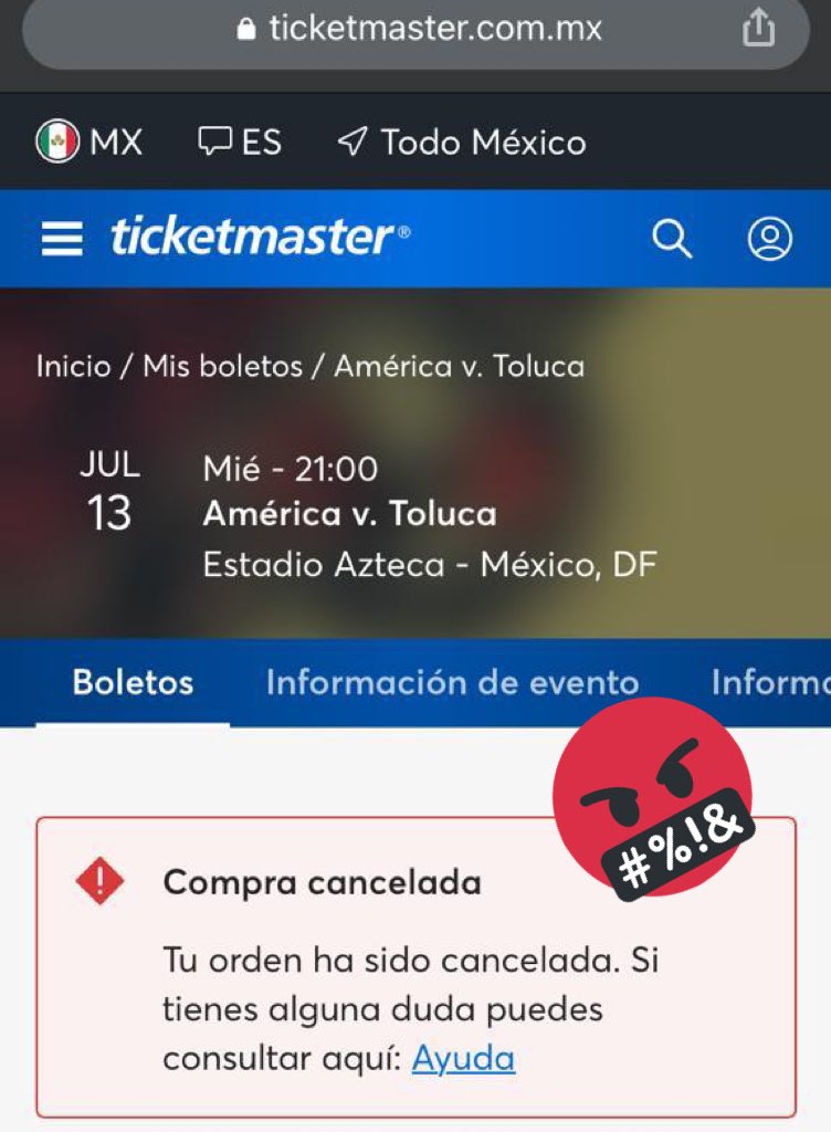 clau83f1's tweet photo. Boletos Cancelados, nunca estuvieron disponibles para descarga. Todo el historial de compra de boletos de fútbol… hay varios en la fila mismo caso. Pésimo @TicketmasterMX @EstadioAzteca https://t.co/rLjA9Xbj84