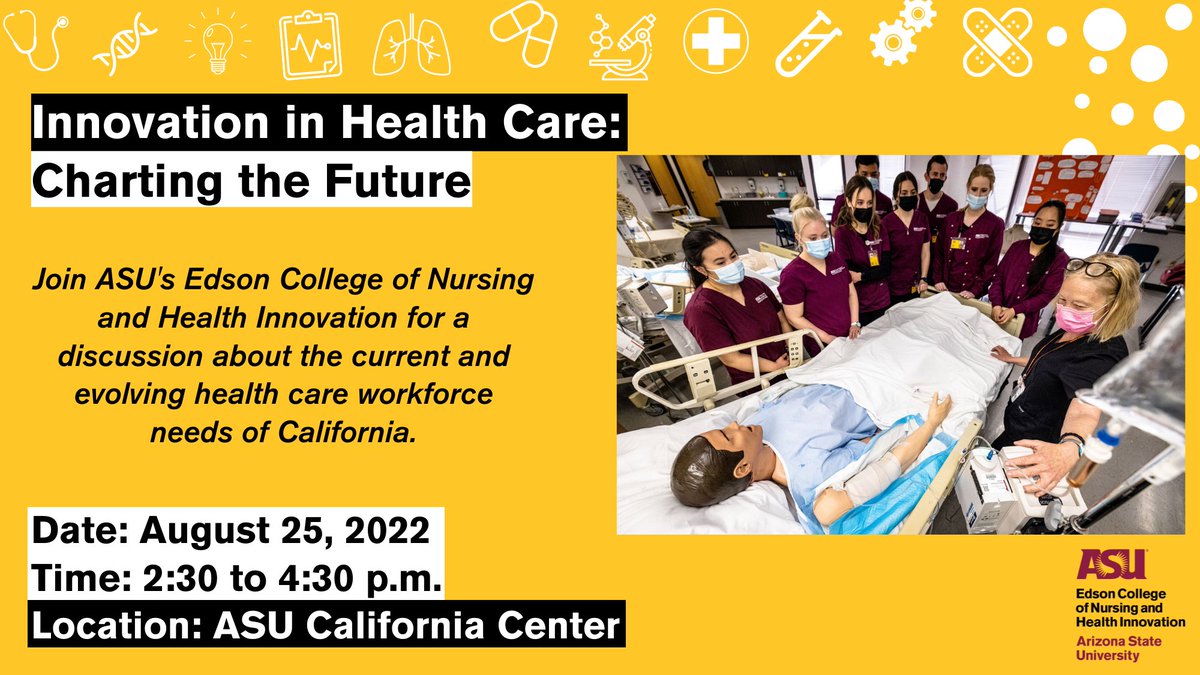 asunursing's tweet image. Register today! Join #ASUNursing + special guests @ASUinCA to discuss the current and evolving health care workforce needs of California in a time of accelerated change.
🗓️  August 25, 2022
🕝 2:30 p.m. to 4:30 p.m.
📍 ASU California Center
ℹ️ bit.ly/3NS9AB5