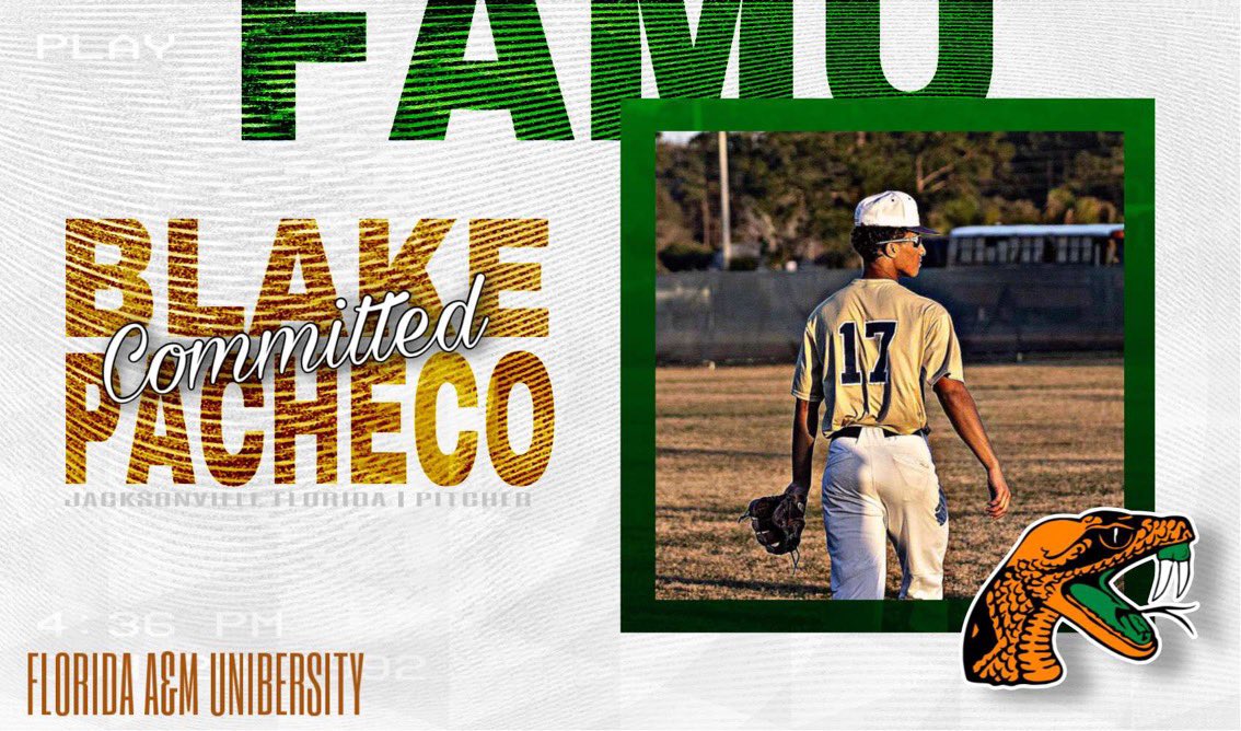 BlakePacheco8's tweet photo. I’m excited to announce my commitment to FAMU!  I will forever be grateful to all of my Swood coaches, especially @Coach_TMoses , for guiding me through this journey. A big thanks to @CoachBarnes904 for allowing me to compete on a national level. @FAMU_Baseball @SwoodBall https://t.co/Lo5RCHKBuC